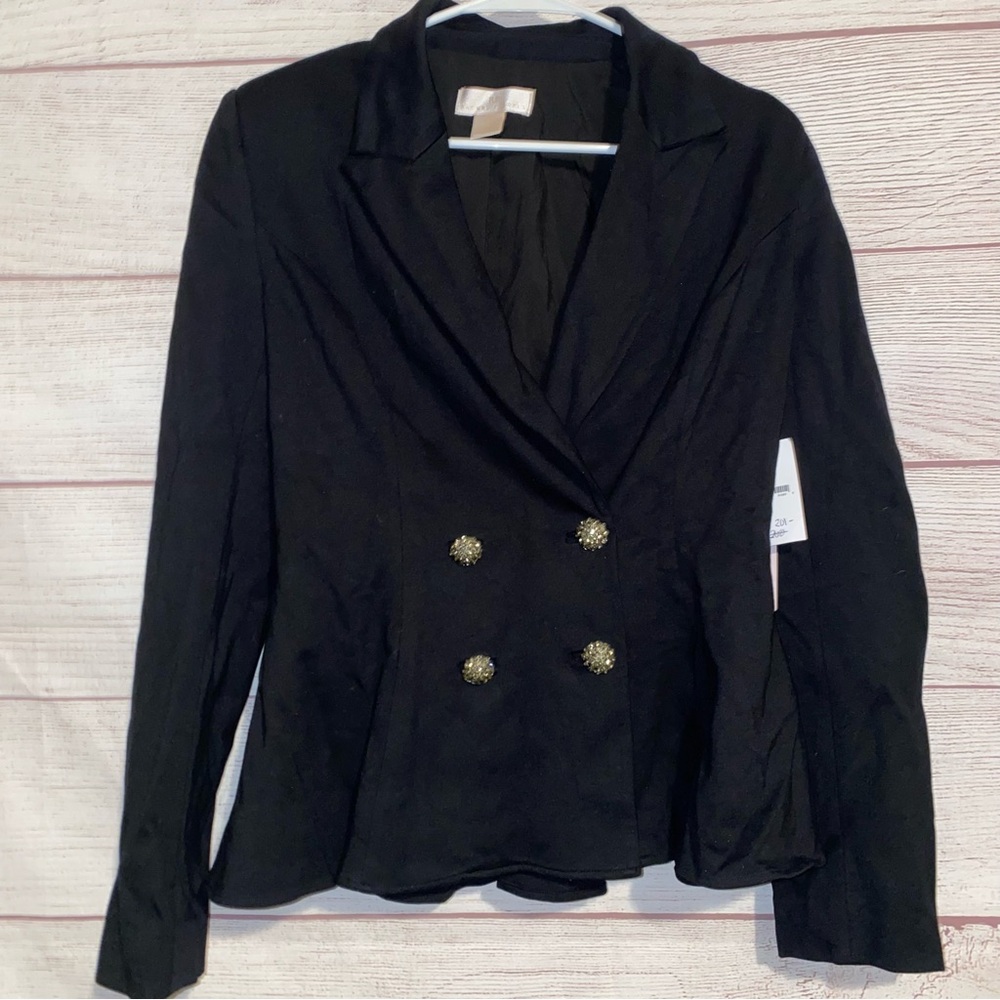 Rachel Parcel women’s black blazer with gold buttons padded shoulders